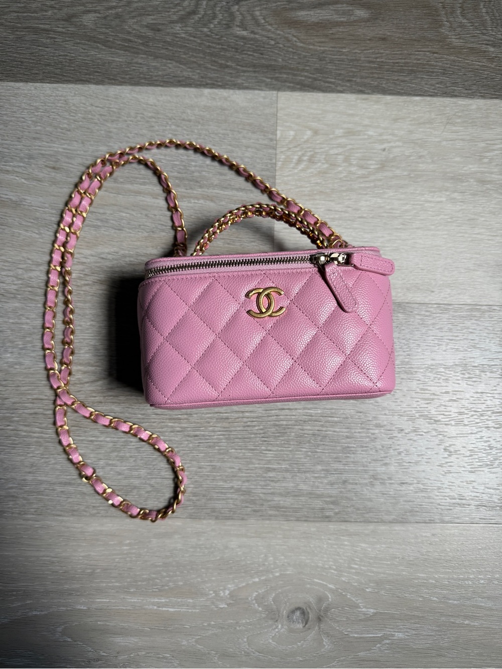CHANEL Pink Quilted Leather Vanity Crossbody with Gold Chain